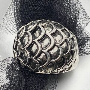 Silver Tone Metal Ring Dragon Mermaid Fish Scale Embossed Texture Size 9